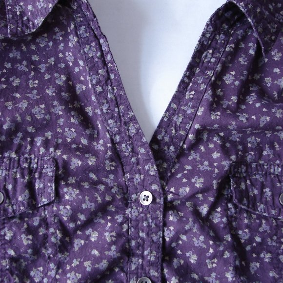 Purple Dainty Floral Long Adjustable Sleeve Ruche Button Front Scallop Hem Large - Picture 5 of 16
